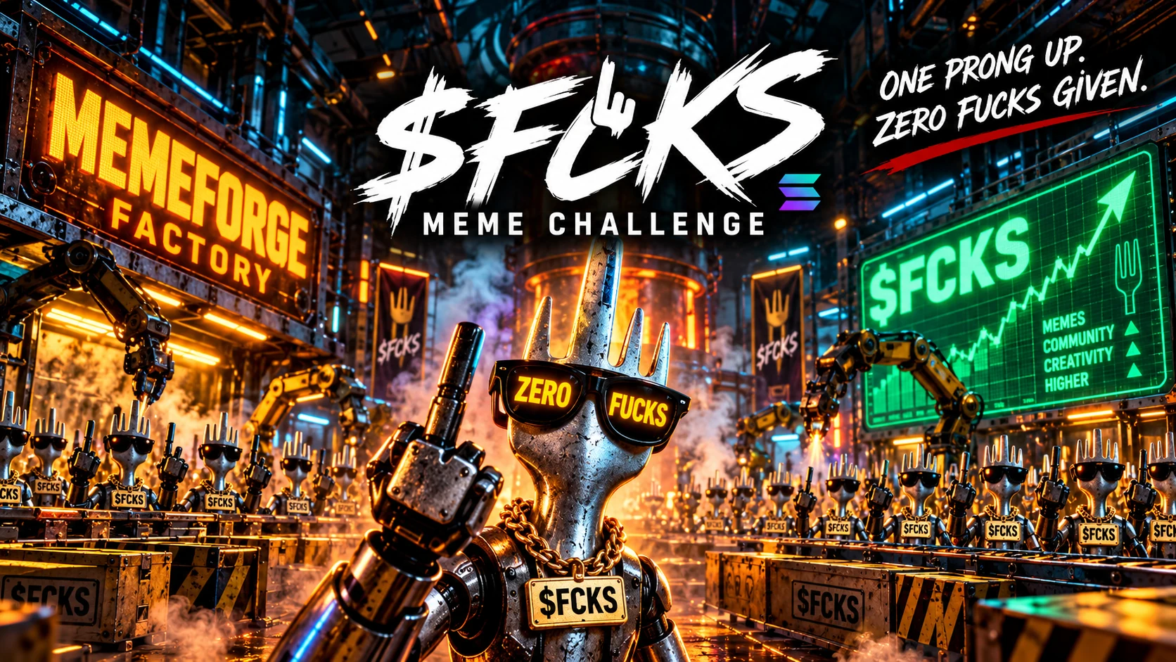 A rebellious metallic cybernetic fork with sunglasses saying ZERO FUCKS, surrounded by fork robots in a neon industrial MemeForge Factory