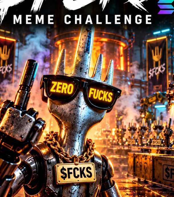 The rebellious FCKS fork mascot wearing ZERO FUCKS sunglasses and a metal FCKS necklace